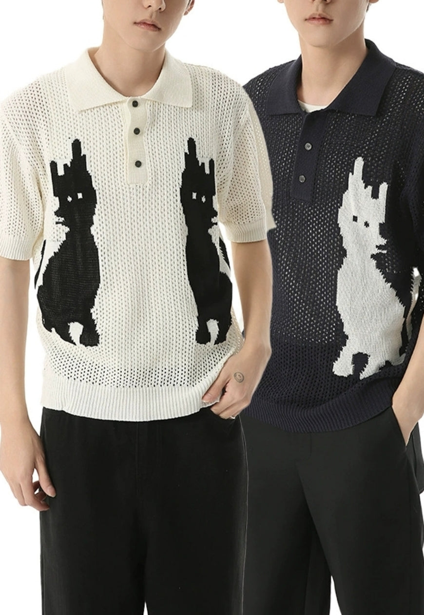 Men's Cartoon Kitten Design Polo Knit