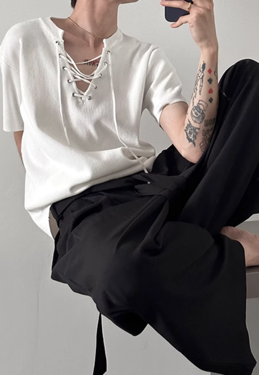 Men's drawstring neckline knitted T-shirt