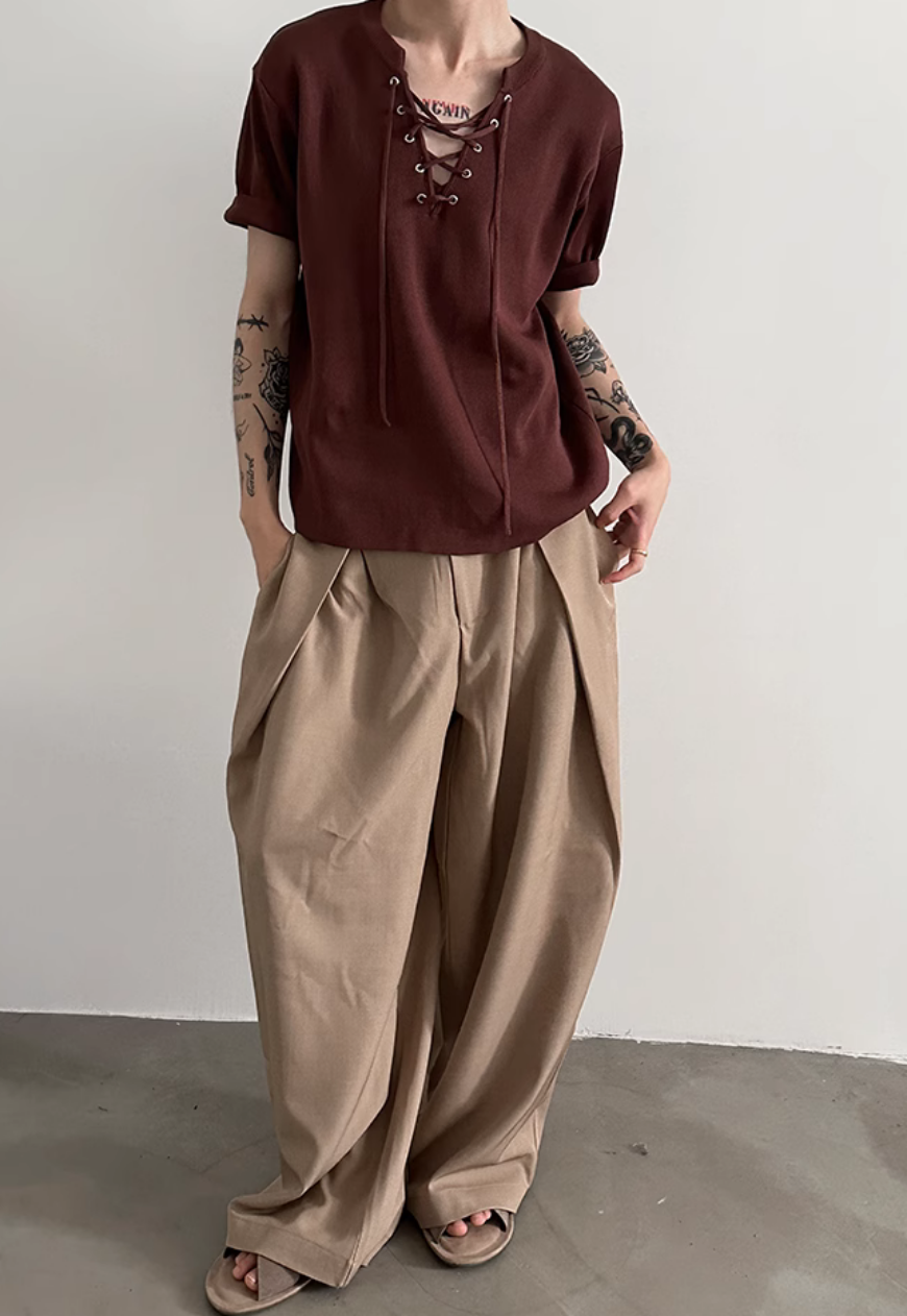 Men's drawstring neckline knitted T-shirt