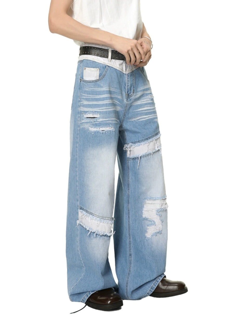 Men's Patchwork distressed denim