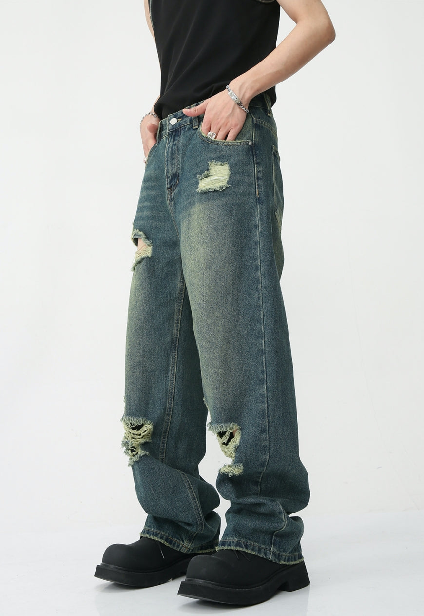 Unisex Vintage Loose Ripped Denim Trousers