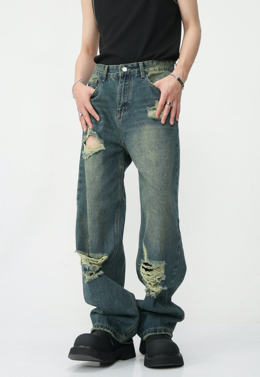 Unisex Vintage Loose Ripped Denim Trousers