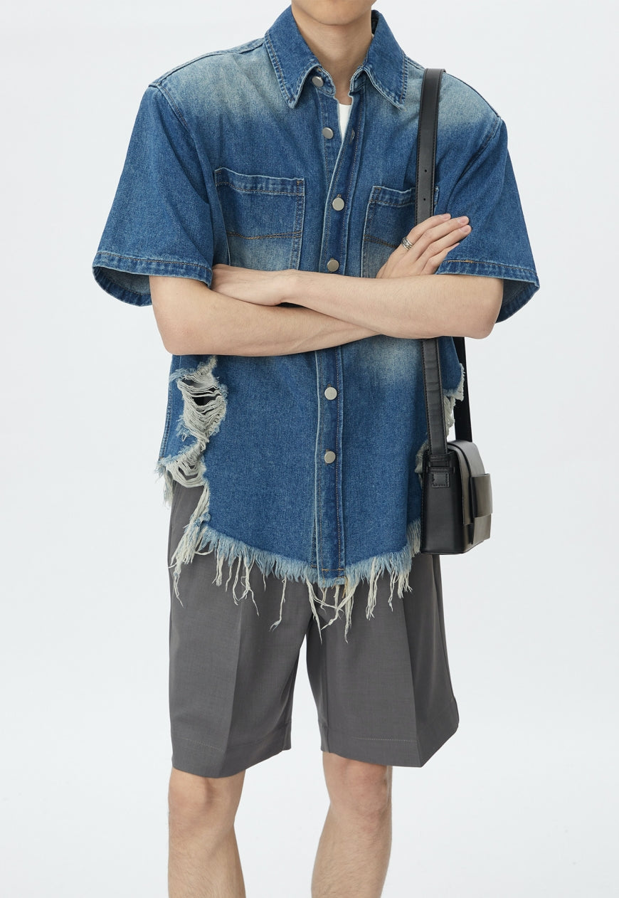 Men's Ripped fringed denim shirt