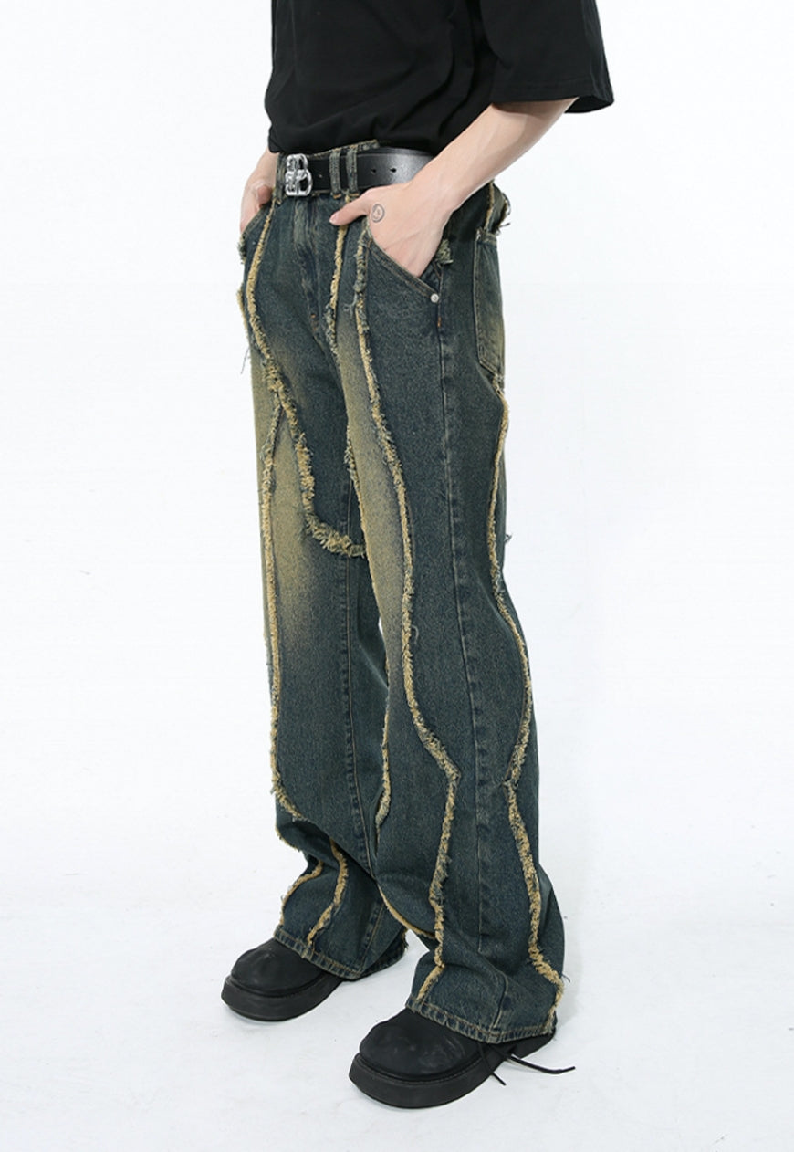 Unisex raw edge patchwork jeans