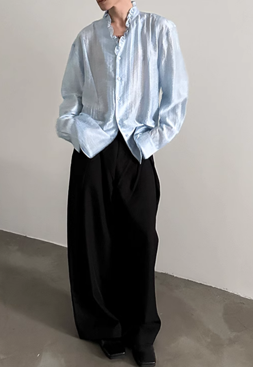 Men's French ruffled lace V-neck shirt
