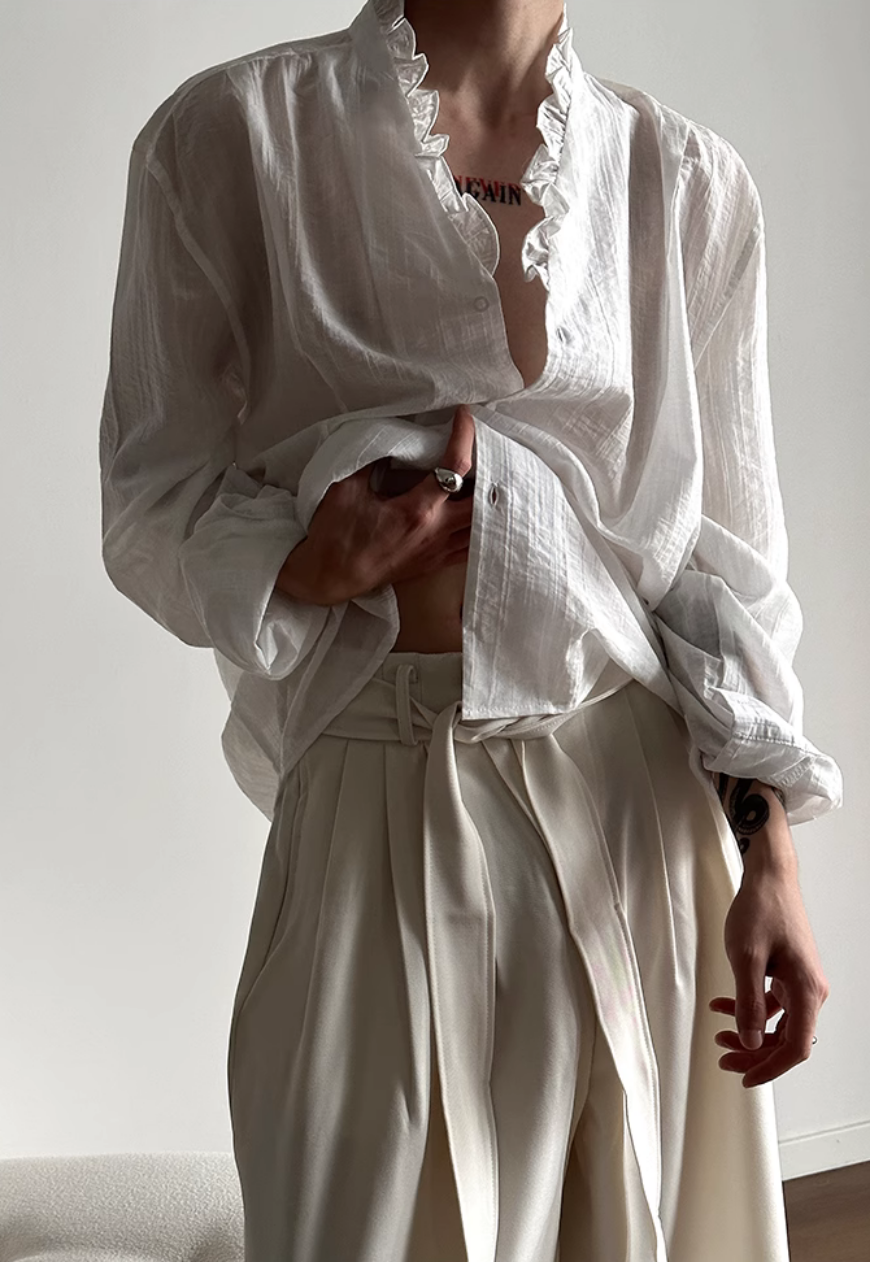 【Sale】Men’s French ruffled lace V-neck shirt