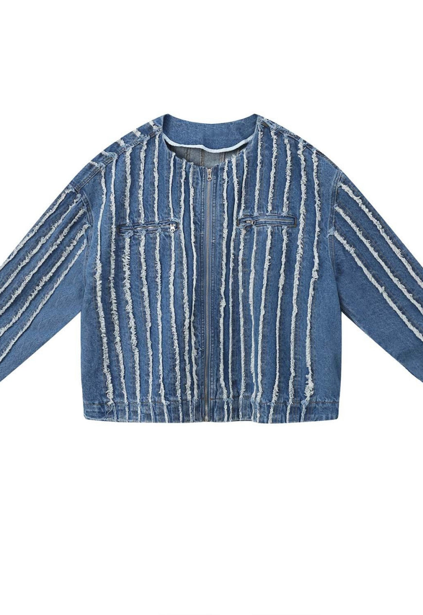 Men's Striped Fringed Denim Jacket