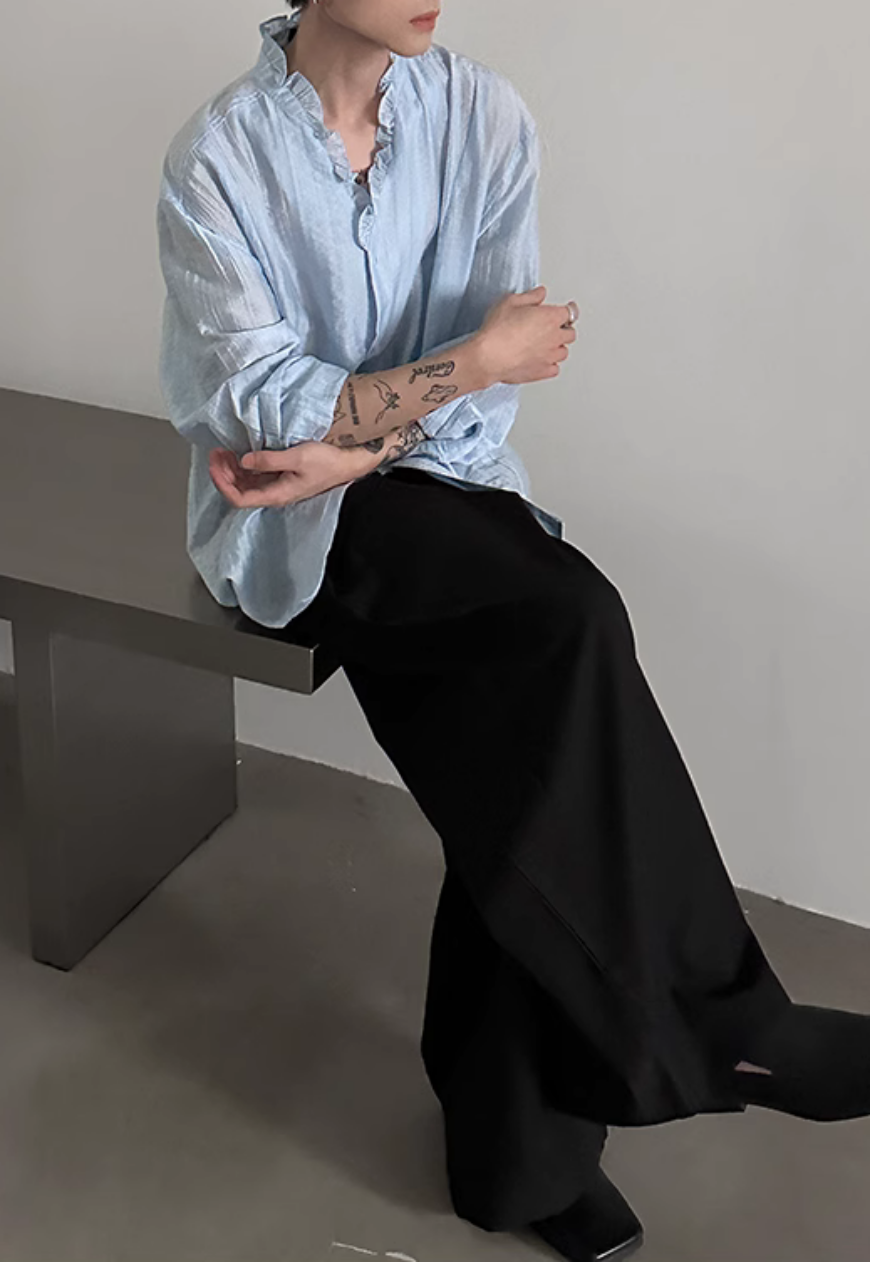 Men's French ruffled lace V-neck shirt