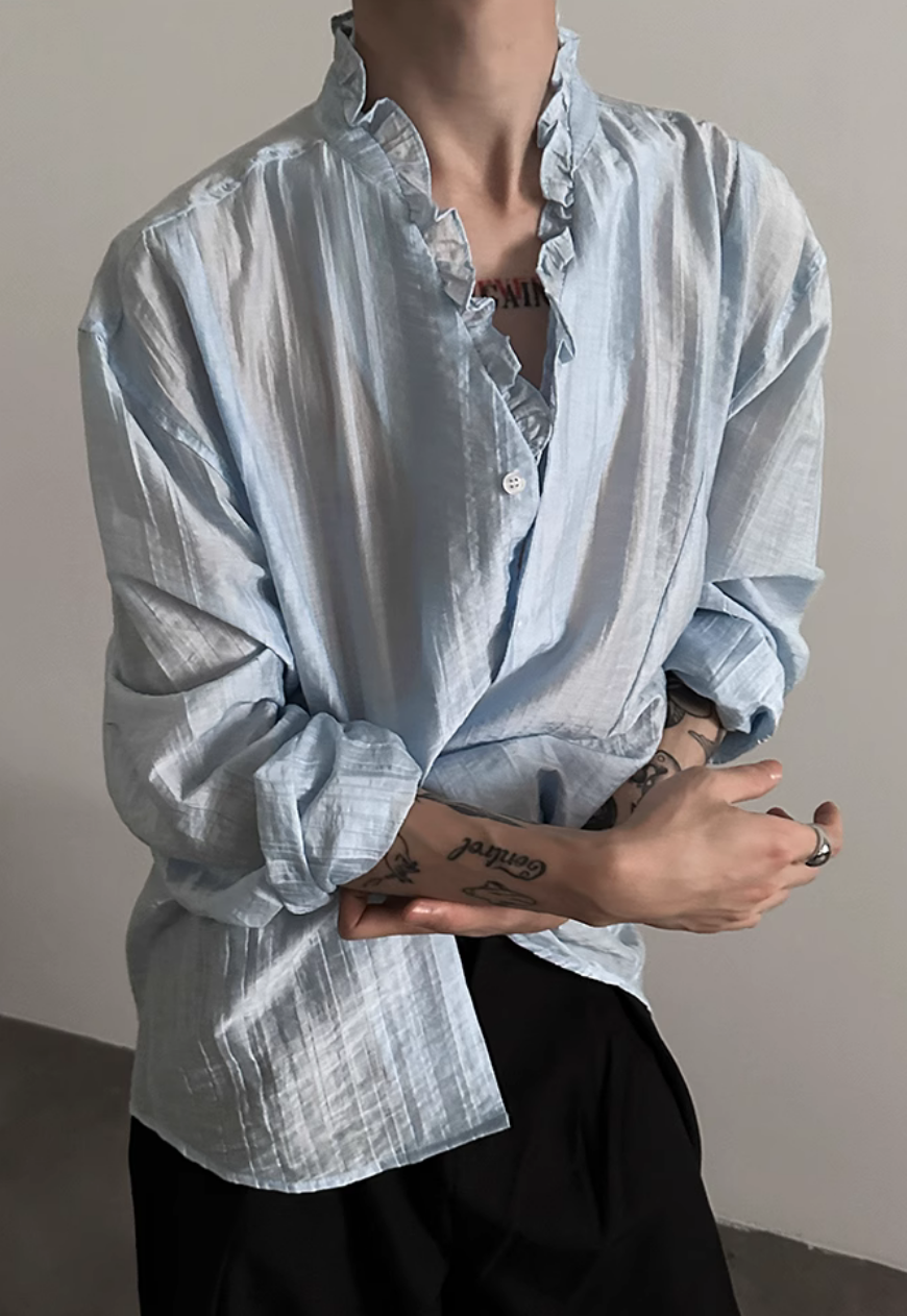 Men's French ruffled lace V-neck shirt