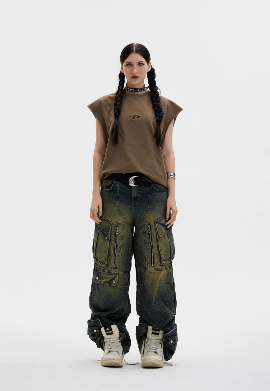 Unisex Vintage Multi Pocket Jeans