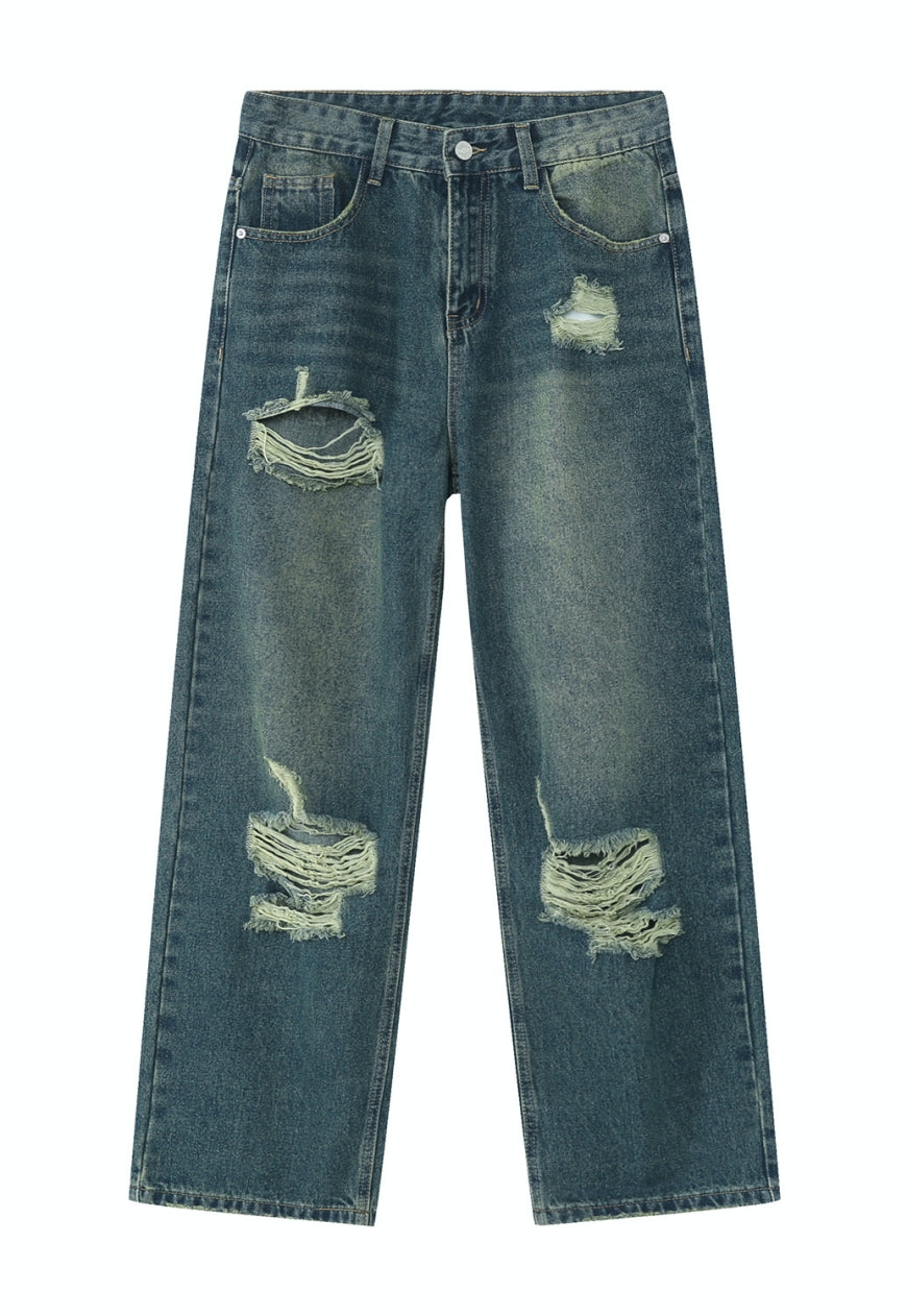 Unisex Vintage Loose Ripped Denim Trousers