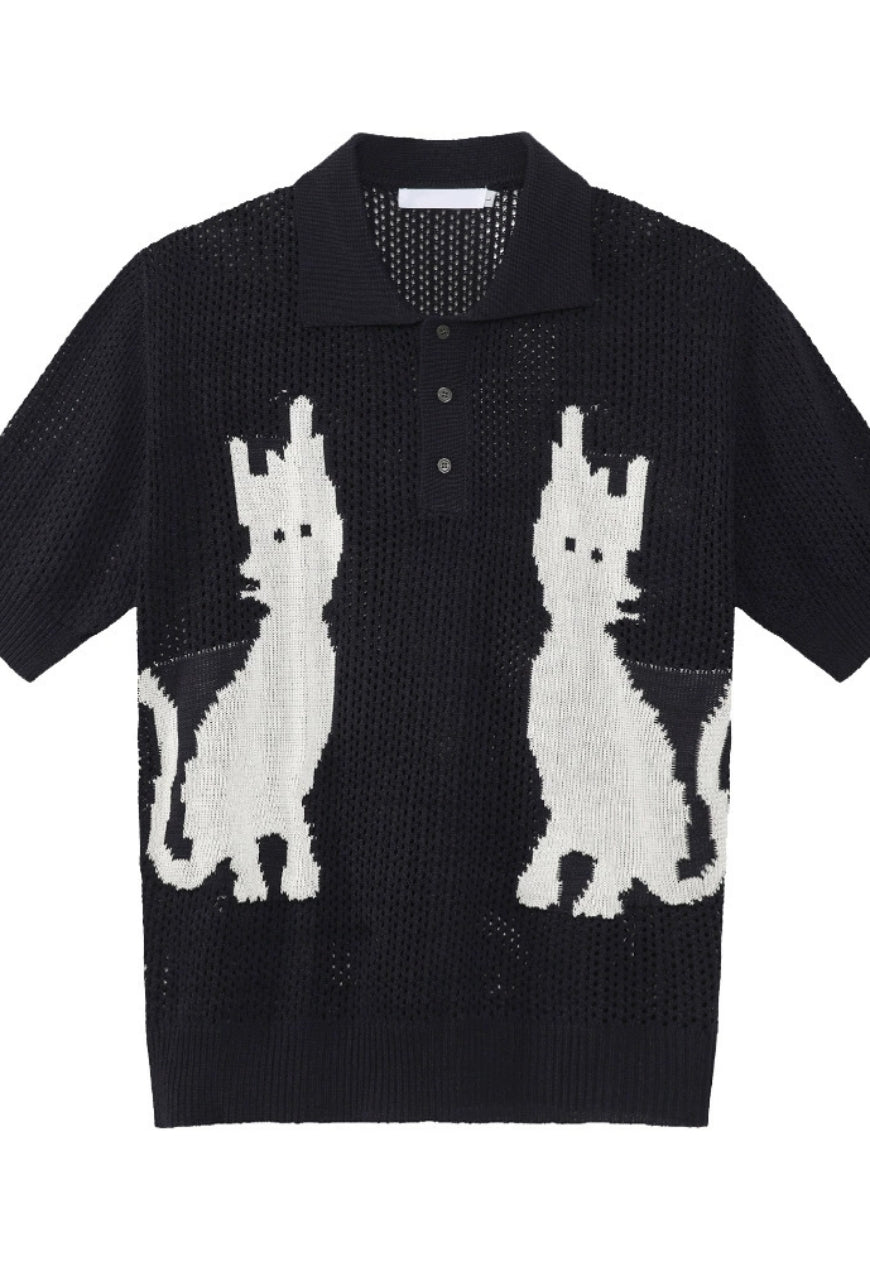 Men's Cartoon Kitten Design Polo Knit