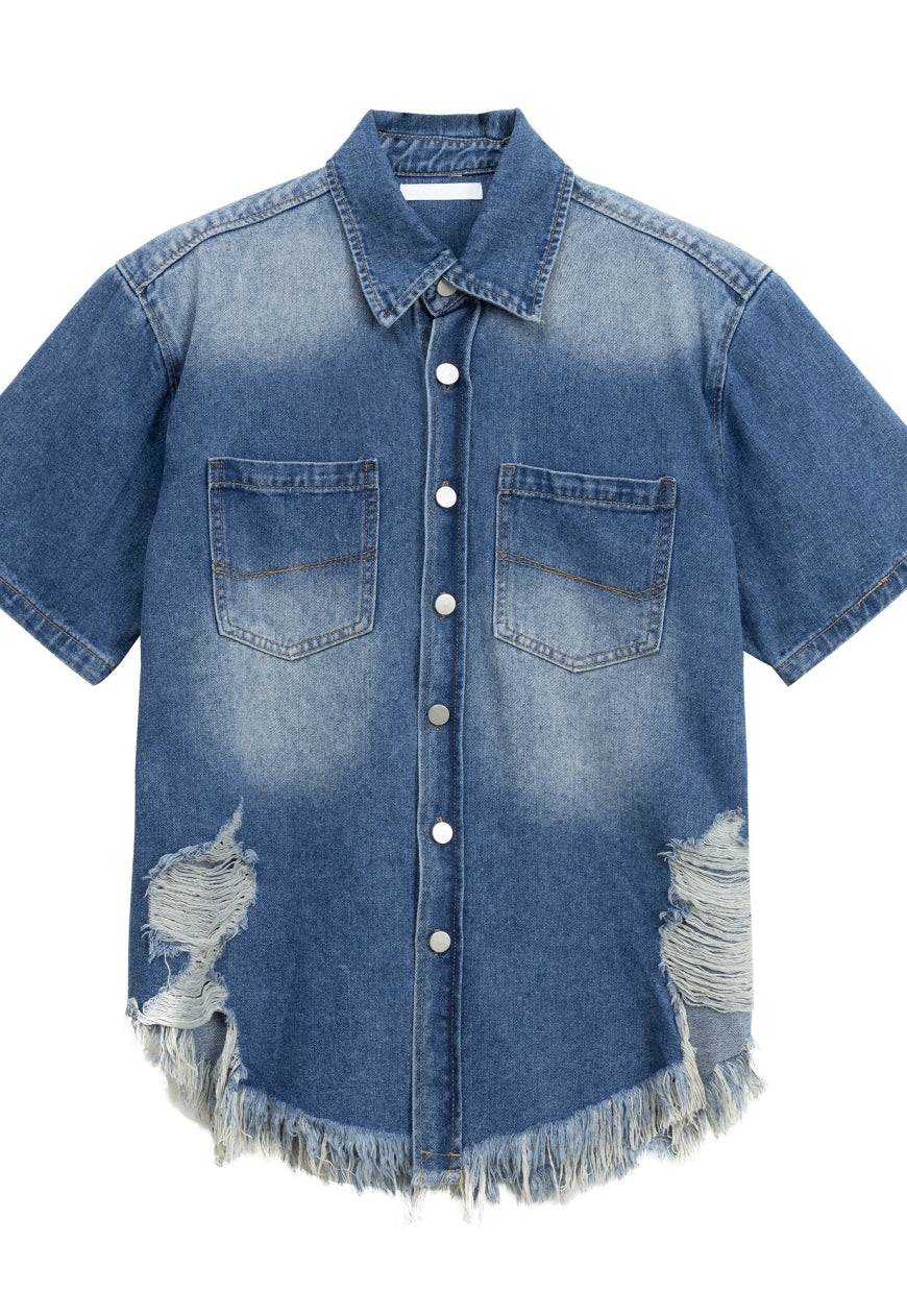 Men's Ripped fringed denim shirt