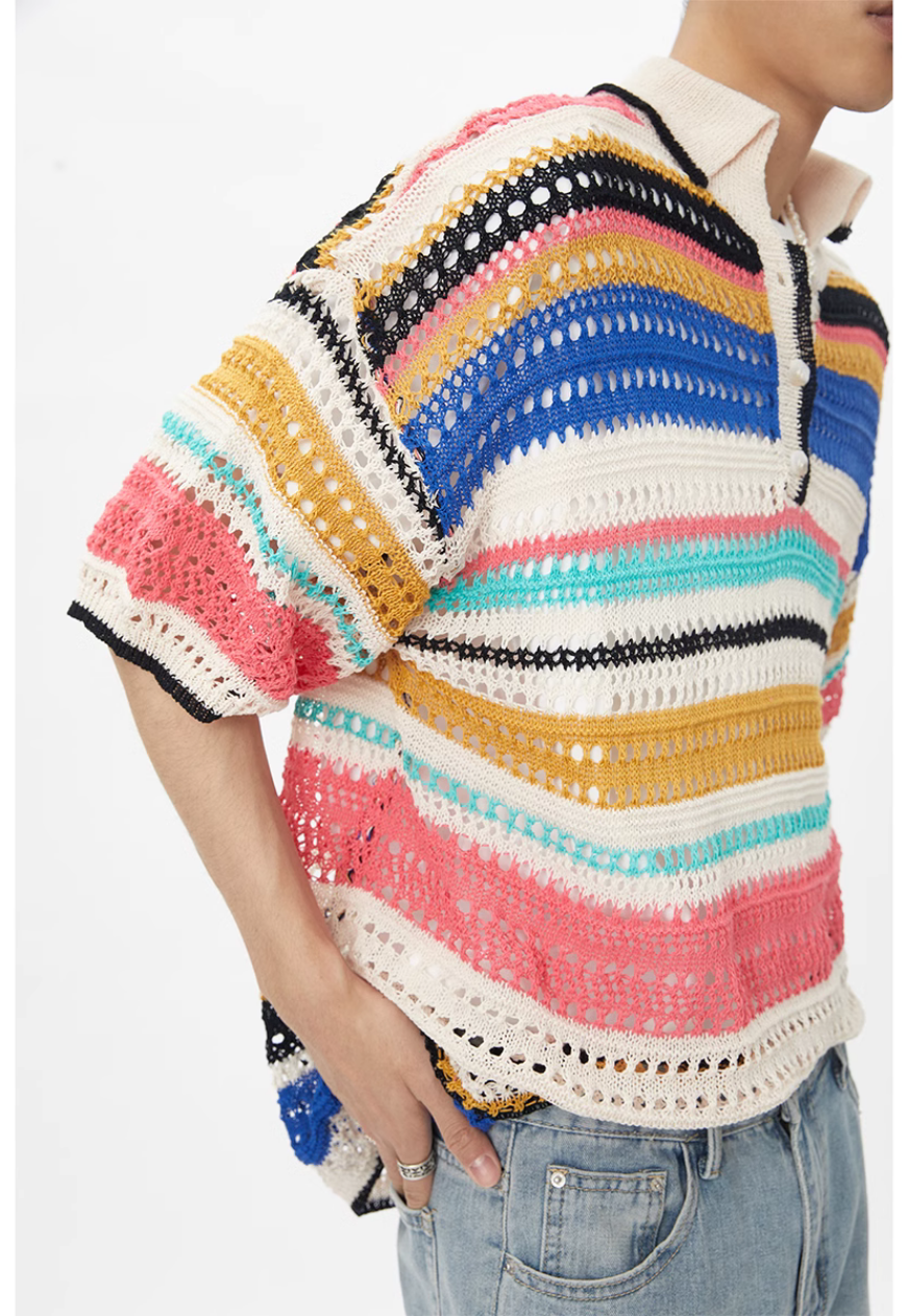 Men's rainbow knit polo shirt