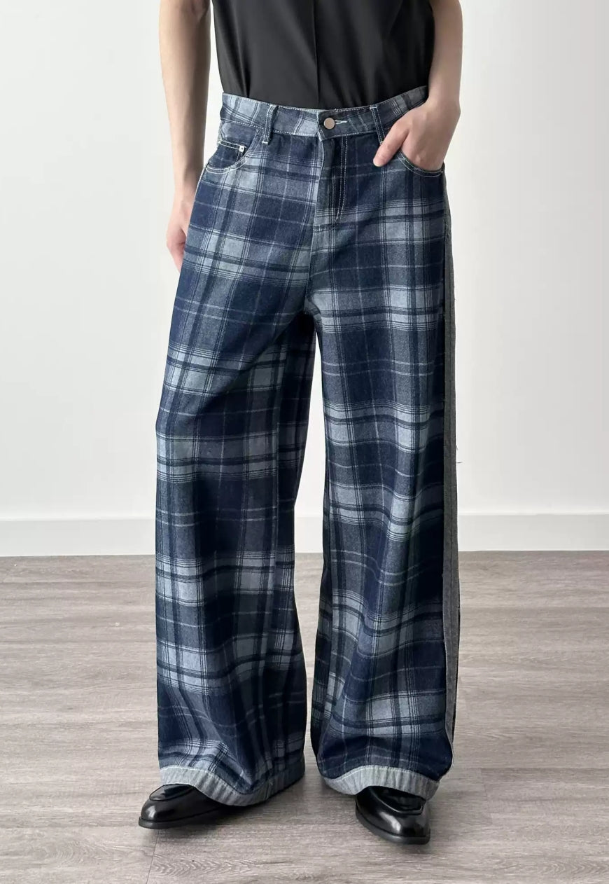 Men's Plaid Patchwork Denim Pants