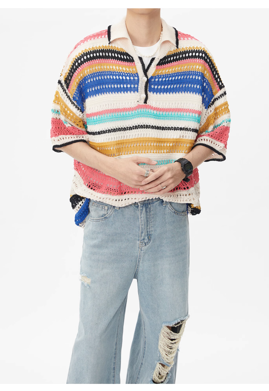 Men's rainbow knit polo shirt