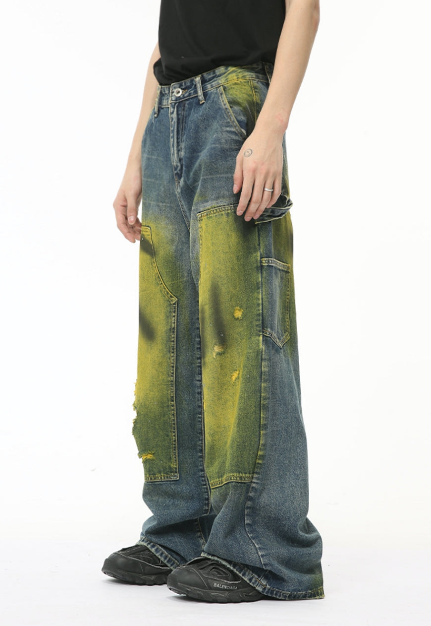 Unisex Vintage tie-dye ripped jeans