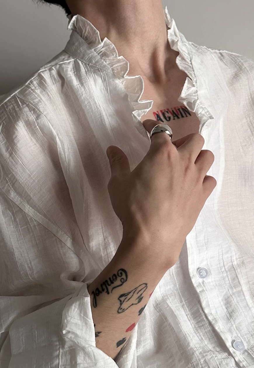 Men's French ruffled lace V-neck shirt