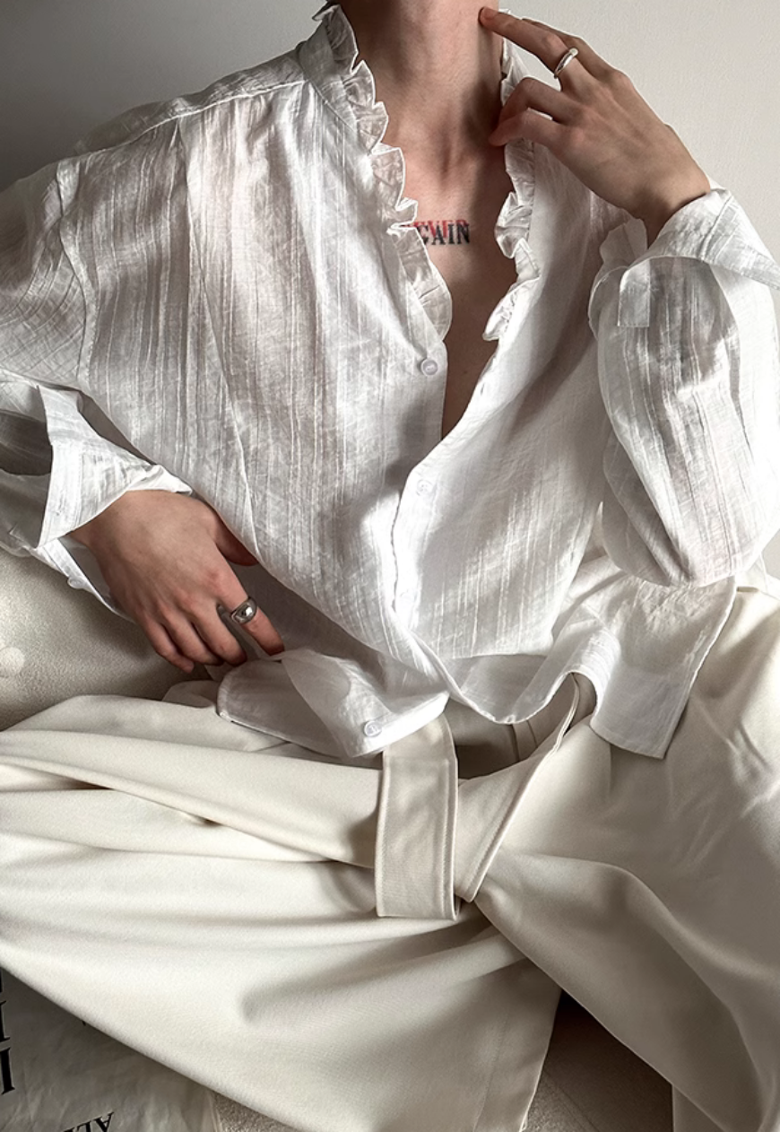 【Sale】Men’s French ruffled lace V-neck shirt
