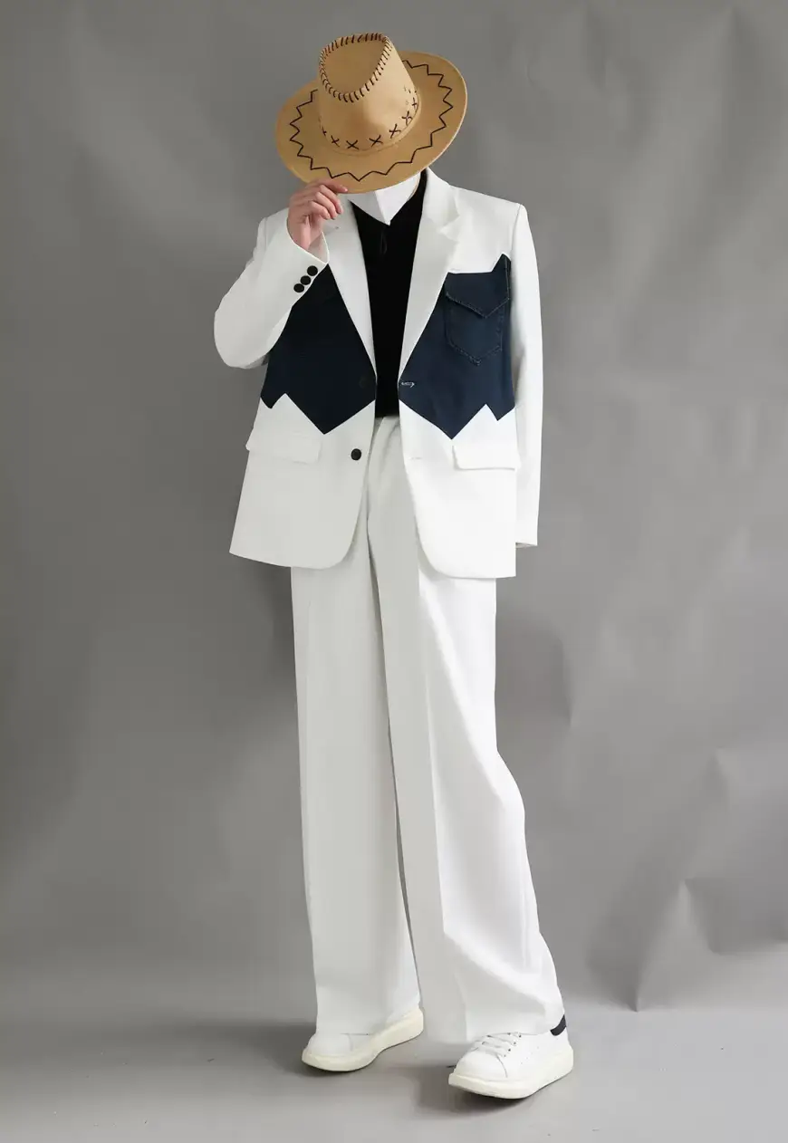 Men's design white denim patchwork suit set