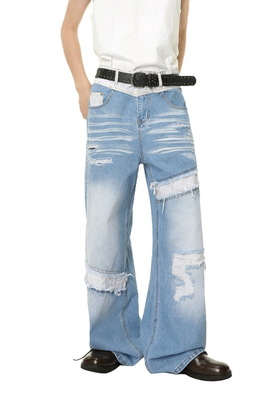 Men's Patchwork distressed denim