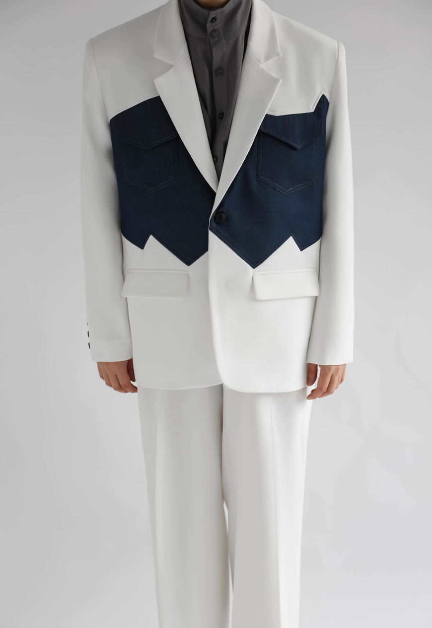 Men's design white denim patchwork suit set