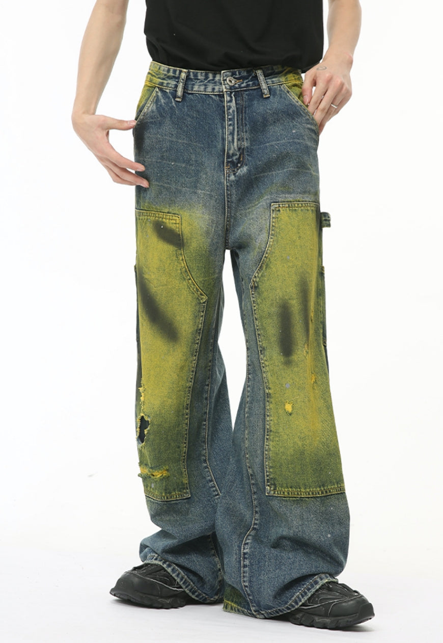 Unisex Vintage tie-dye ripped jeans
