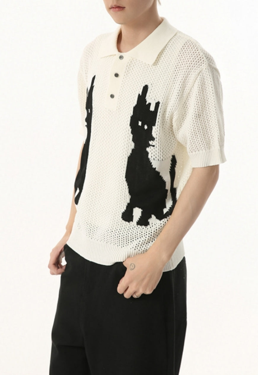 Men's Cartoon Kitten Design Polo Knit