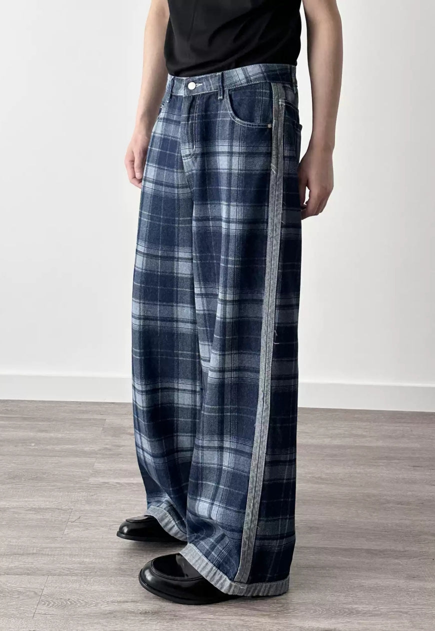 Men's Plaid Patchwork Denim Pants