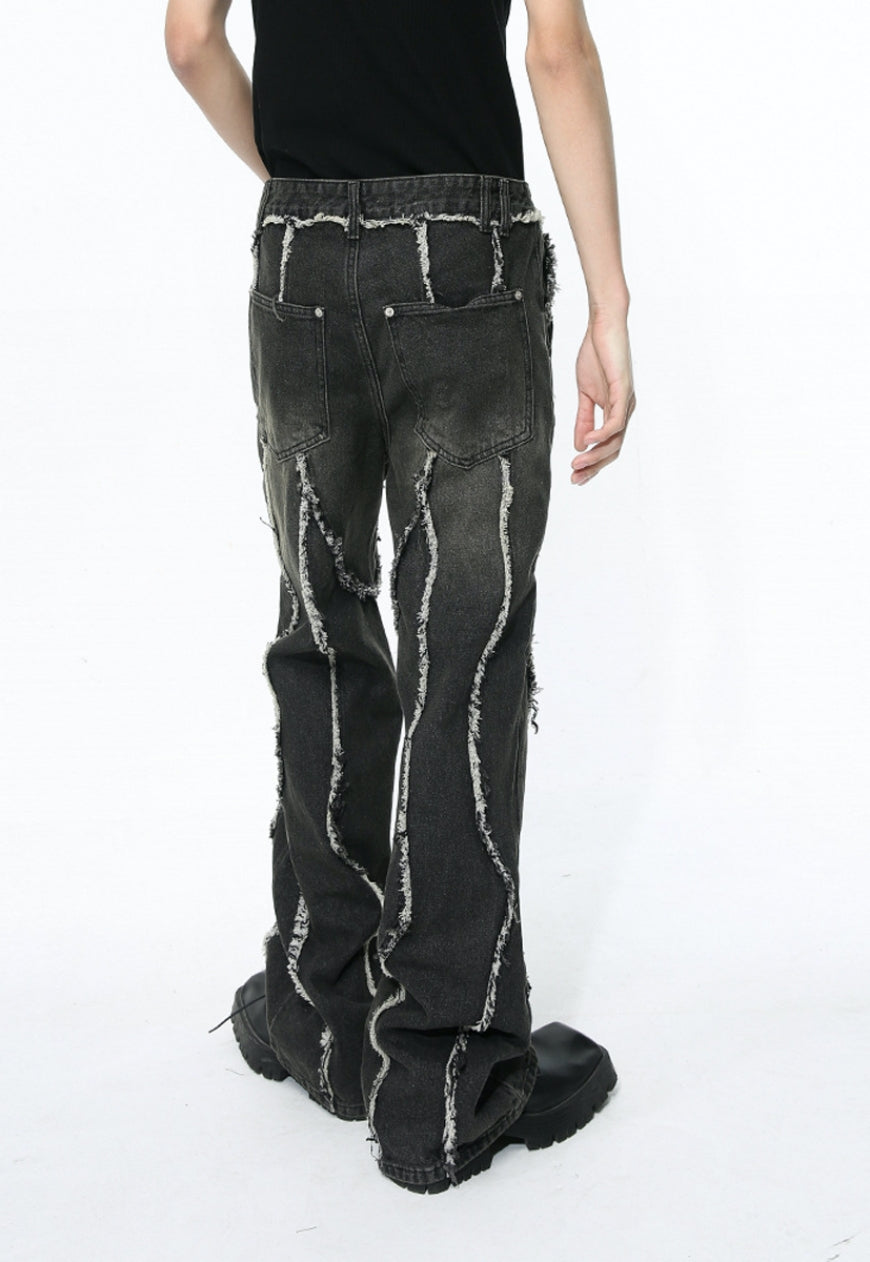 Unisex raw edge patchwork jeans