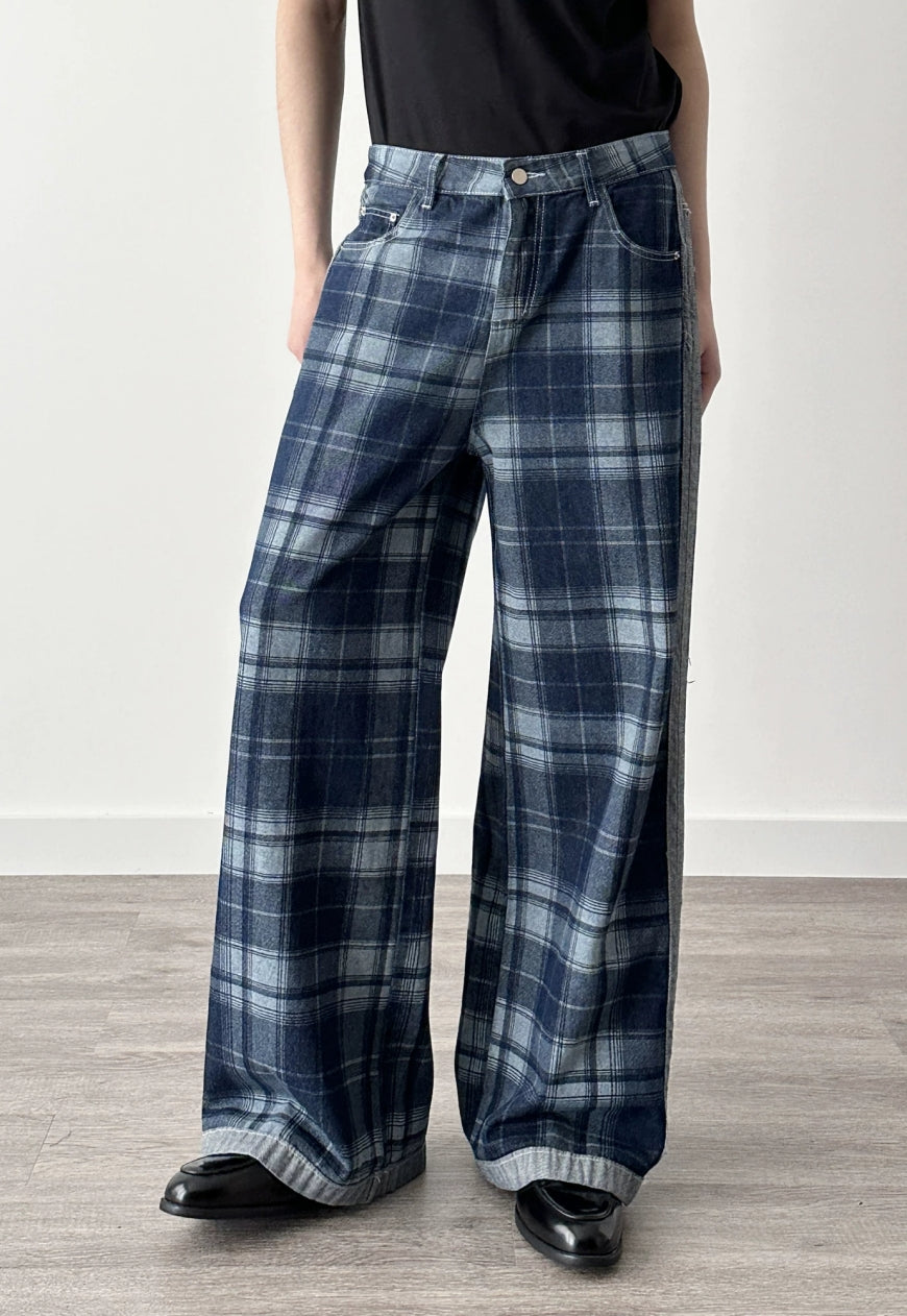 Men's Plaid Patchwork Denim Pants