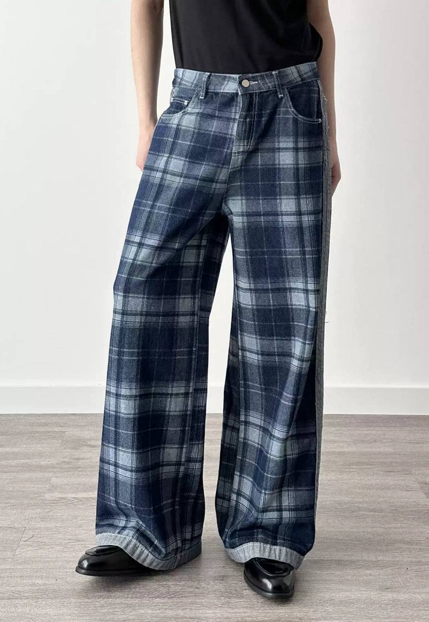 Men's Plaid Patchwork Denim Pants