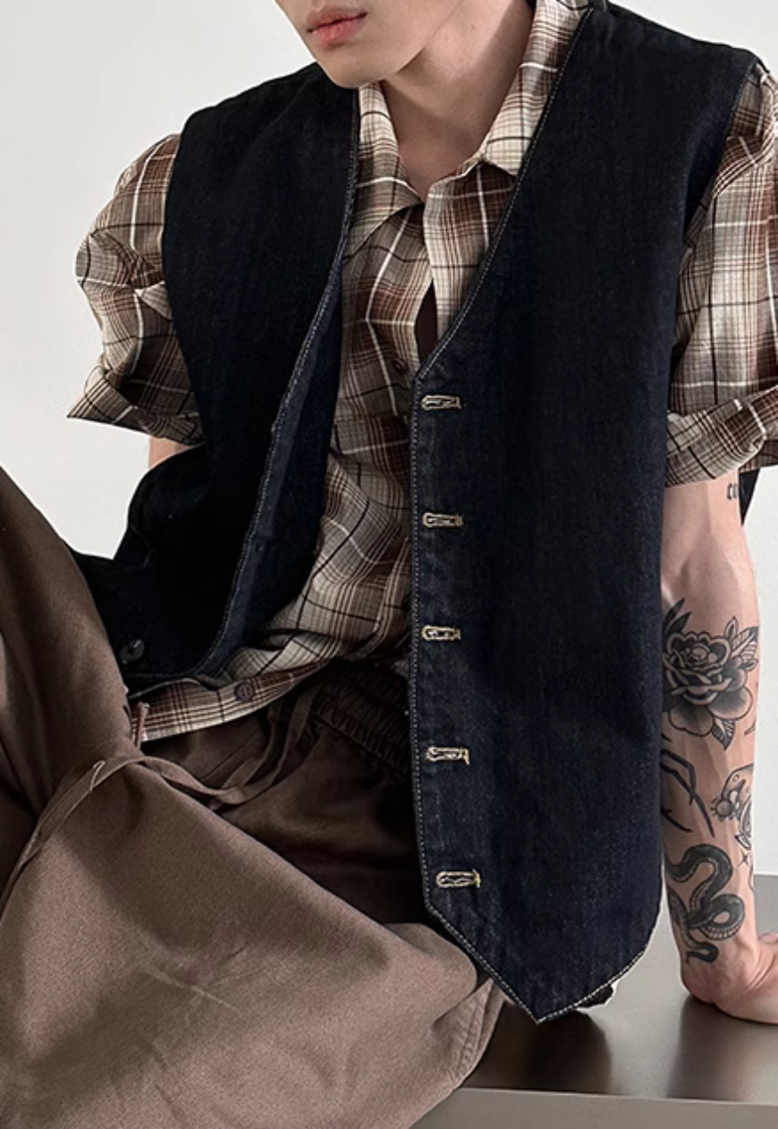 Men's French retro V-neck denim vest
