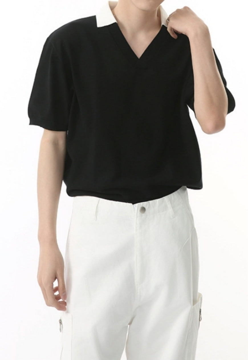 Men's Solid color v-neck short-sleeved POLO shirt