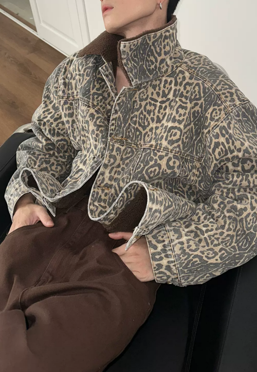 Unisex Vintage leopard print denim jacket