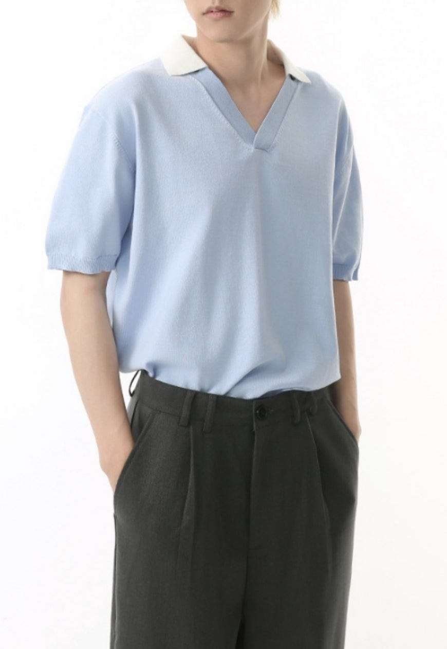 Men's Solid color v-neck short-sleeved POLO shirt