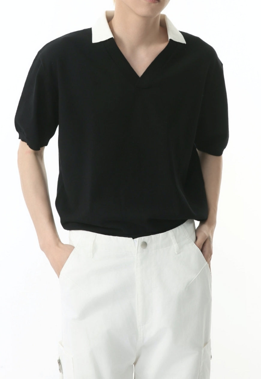 Men's Solid color v-neck short-sleeved POLO shirt