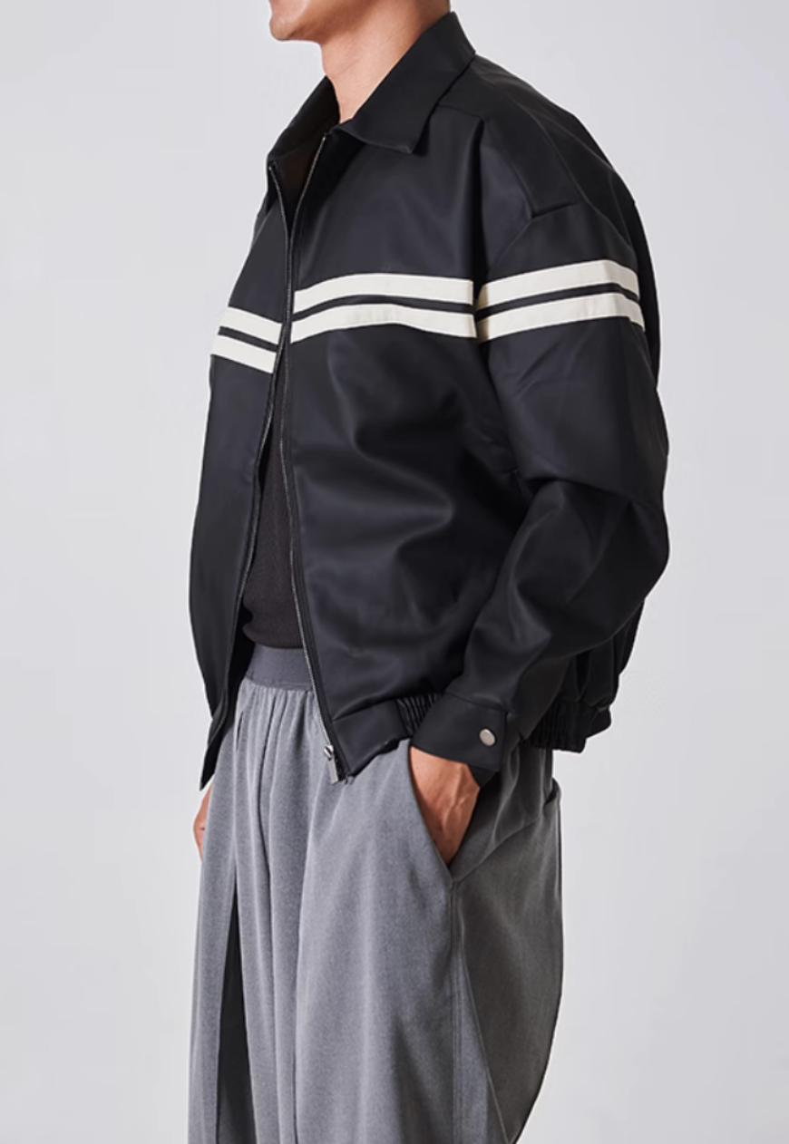 Men's Double white stripe PU leather jacket