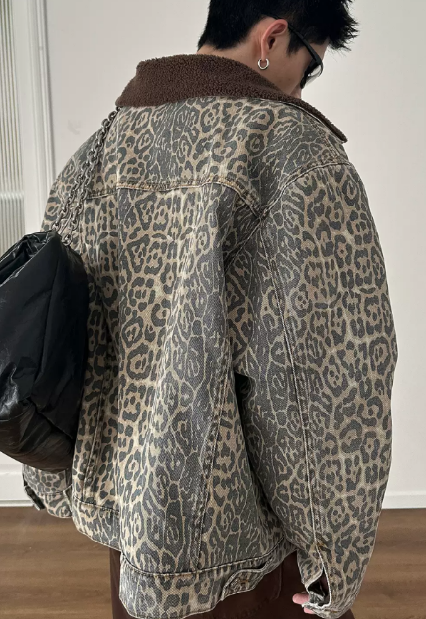 Unisex Vintage leopard print denim jacket