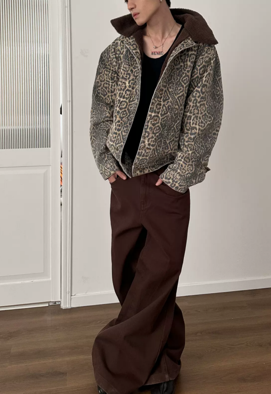 Unisex Vintage leopard print denim jacket