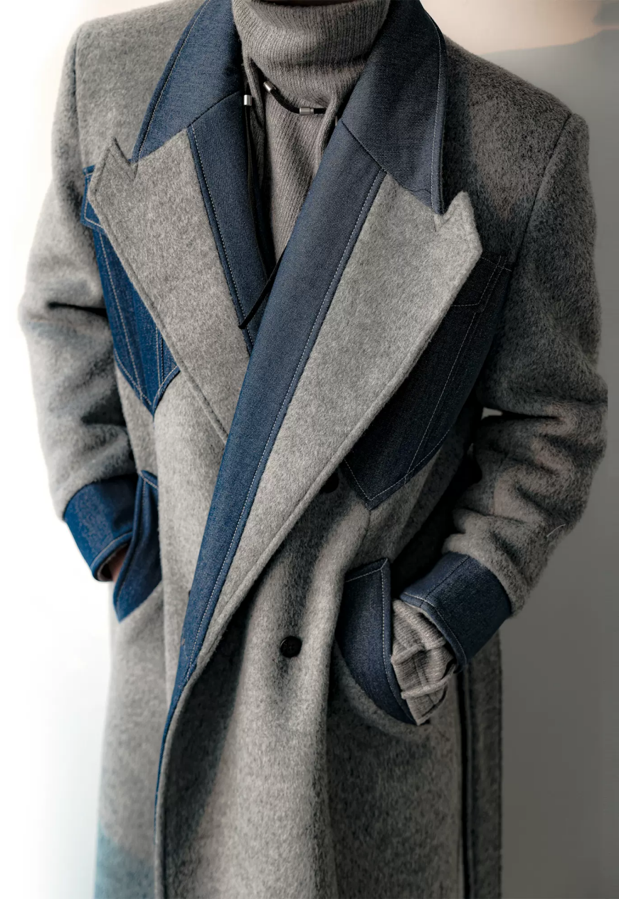 Men's Warm denim patchwork high-end coat
