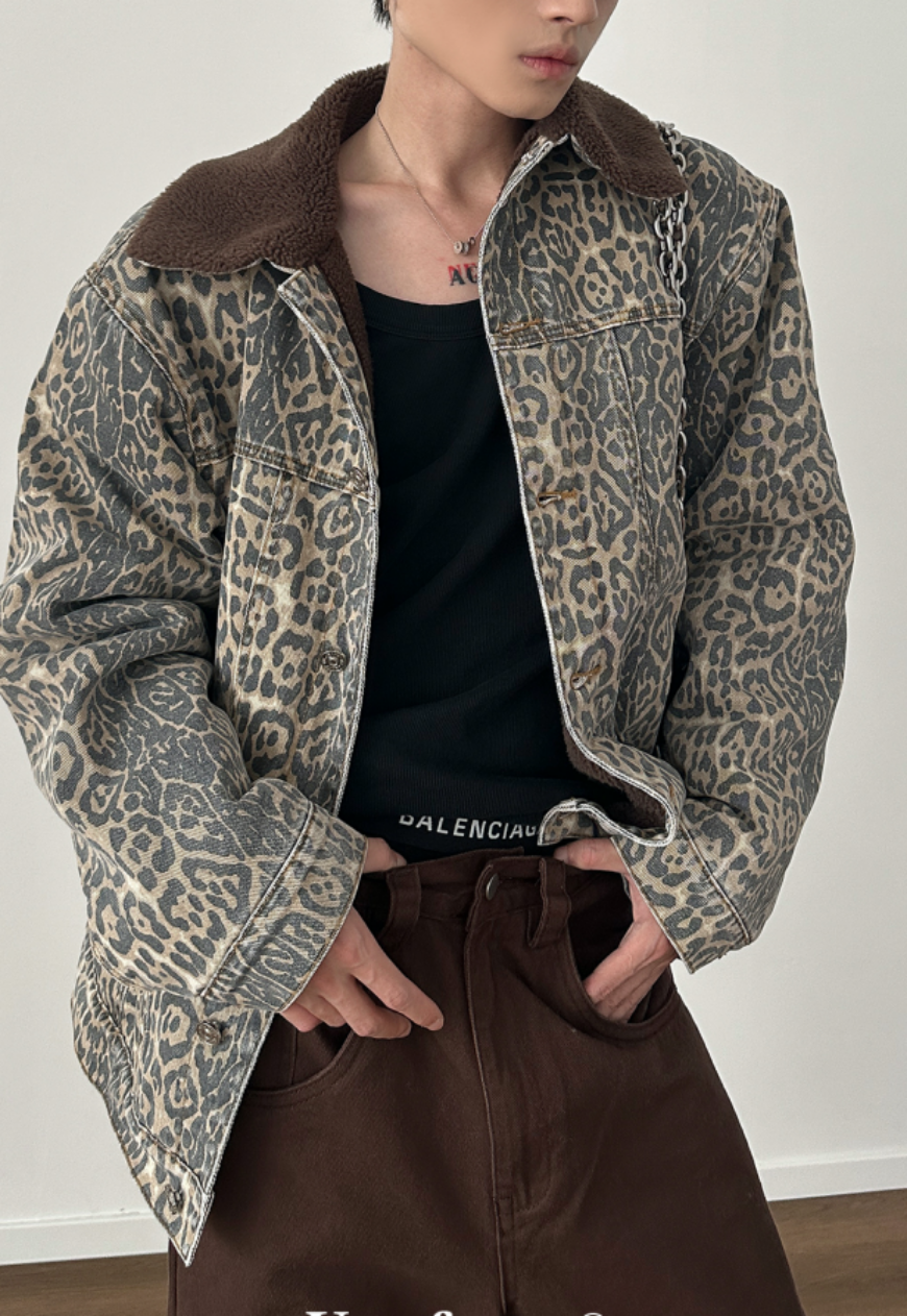 Unisex Vintage leopard print denim jacket