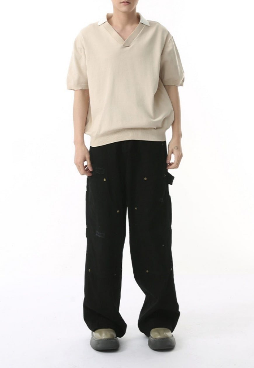 Men's Solid color v-neck short-sleeved POLO shirt