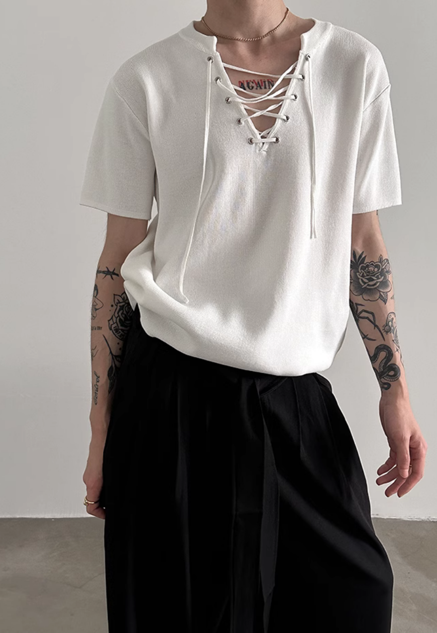Men's drawstring neckline knitted T-shirt