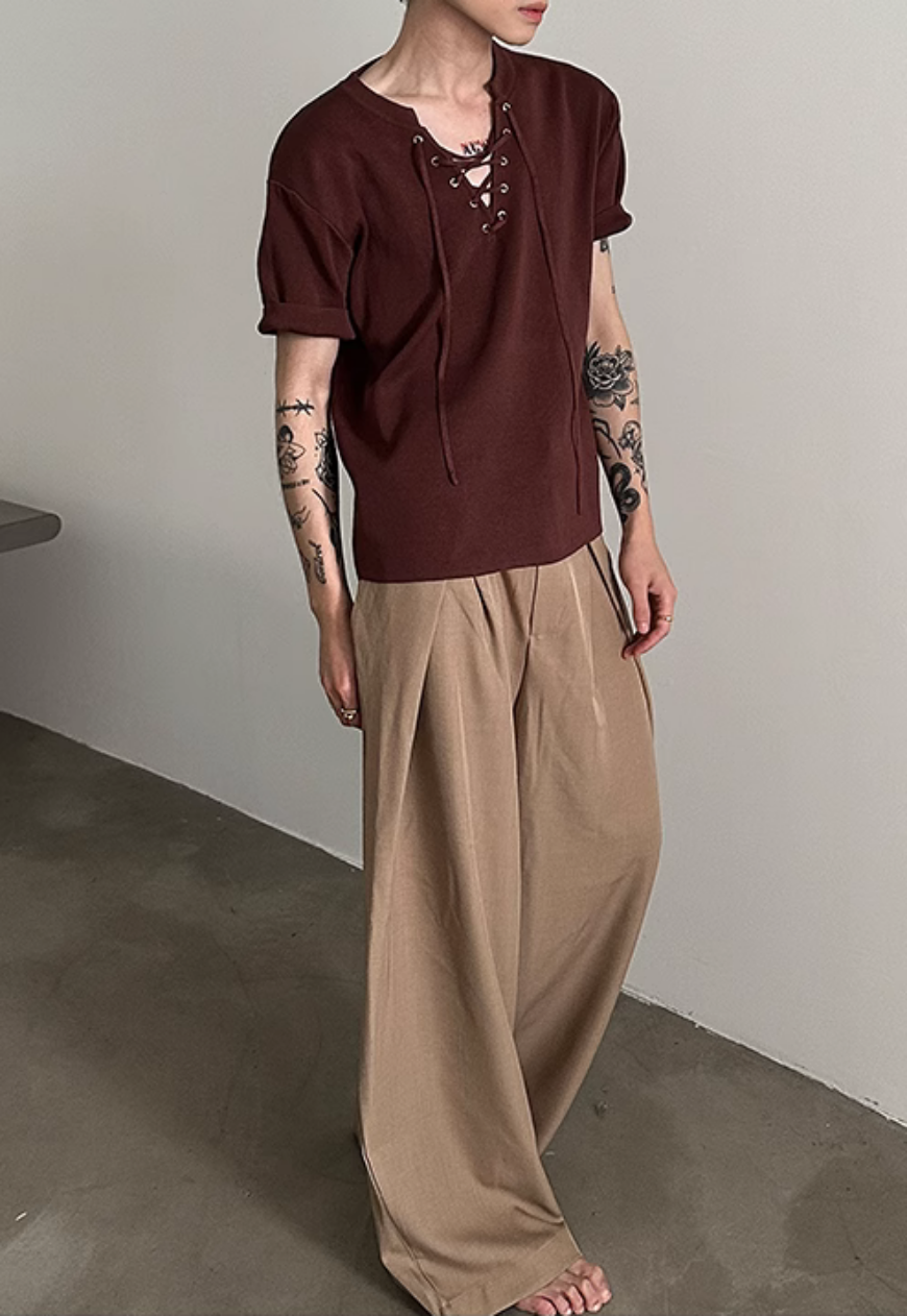 Men's drawstring neckline knitted T-shirt