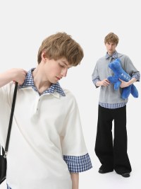 Men's College style fake two-piece plaid POLO shirt